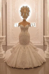 Gorgeous Long Off the Shoulder Crystal Floor Length Backless Mermaid Wedding Dresses