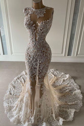 Gorgeous Long Mermaid Appliques Floor Length Tulle Prom Dress