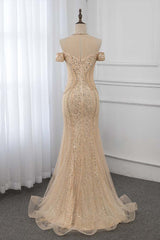 Charming Long Bateau Off the Shoulder Sequins Beading Mermaid Tulle Prom Dress