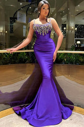 Elegant Long Mermaid Strapless Satin Beadings Formal Prom Dresses