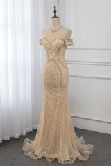 Charming Long Bateau Off the Shoulder Sequins Beading Mermaid Tulle Prom Dress