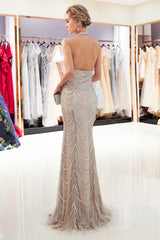 Long Halter Tulle Beading Mermaid Formal Evening Dresses