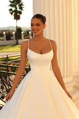 Simple Long A-line Strapless Spaghetti Straps Satin Backless Wedding Dresses