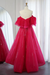 Charming Long A-line Off the Shoulder Sequins Tulle Formal Prom Dresses