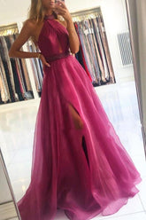 Elegant Long Halter A-Line Floor Length Tulle Prom Dress With Split