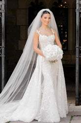 Long Mermaid Spaghetti Straps Lace Floor Length Wedding Dress with Flower