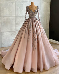 Long V-neck Beading Ruffles Tulle Prom Dress with Sleeves