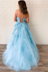 Long A-line Spaghetti Straps Tulle Lace Open Back Prom Dresses