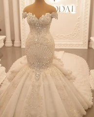 Gorgeous Long Off the Shoulder Crystal Floor Length Backless Mermaid Wedding Dresses