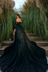 Black Long Sleeves Floor Length Strapless Front Split Chiffon Prom Dress