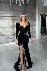 Black Long Sleeves Mermaid Sweetheart Velvet Formal Evening Dresses with Slit