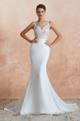 Chic Long Applique Lace Satin Tulle Mermaid Wedding Dress