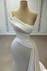 One Shoulder Beaded Mermaid White Satin Long Prom Dress