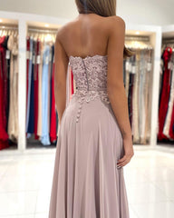 Long A-Line Sweetheart Appliques Lace Chiffon Prom Dress With Side Slit