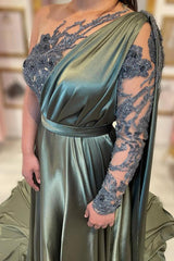 Elegant Long A-line One Shoulder Satin Lace Formal Dresses with Sleeves
