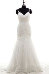 Long Sweetheart Appliques Spaghetti Strap Mermaid Wedding Dress