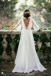A-line Backless Long Chiffon Beach Wedding Dress with 3/4 Sleeves