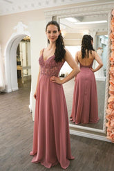 Long A-line Spaghetti Straps V-neck Open Back Floor Length Chiffon Prom Dress
