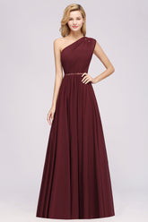 Elegant A-Line Burgundy Chiffon One Shoulder Bridesmaid Dress with Beadings