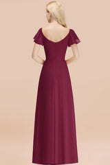 Elegant V Neck Short Sleeves Chiffon A-line Long Mulberry Bridesmaid Dress