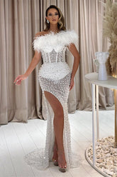 Long Strapless Tulle Mermaid Prom Dress with Split Front