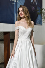 Elegant Long A-line Off the Shoulder Lace Satin Wedding Dresses