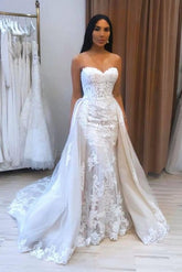 Long Sweetheart A-line Appliques Lace Floor Length Tulle Wedding Dress