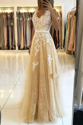 Long V-neck Open Back Lace Floor Length A-Line Ruffles Prom Dress
