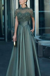 Elegant Illusion Neck Long A-line Formal Evening Dress with Pockets