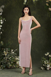 Cute Long Mermaid Straps Velvet Backless Formal Dresses with Slit