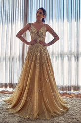 Long A-line Spaghetti Straps V-neck Appliques Lace Ruffles Prom Dress