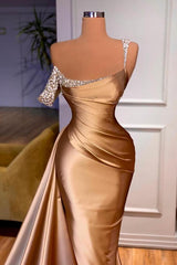 Gold Long Mermaid Satin Long Prom Dresses