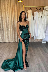Dark Green Mermaid Sequin Sweetheart Long Prom Dress with Split Side
