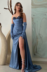 Dusty Blue Mermaid Sweetheart Satin Beading Long High Split Prom Dress with Gloves