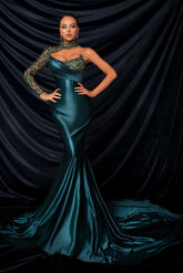 Mermaid One Shoulder Satin Long Prom Dresses with Court Train