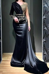 Elegant Black Long Mermaid V-neck Satin Beading Evening Dresses With Sleeves