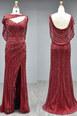 Elegant Long Mermaid V-neck Glitter Formal Evening Dresses with Slit