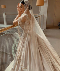Gorgeous Sweetheart Long Sleeve Beading Satin Ball Gown Wedding Dress