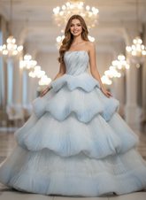 Beautiful Blue Strapless Long Sequined Ball Gown Prom Dress