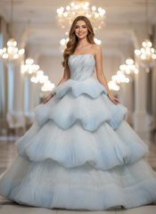 Beautiful Blue Strapless Long Sequined Ball Gown Prom Dress