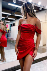Red Off the Shoulder Asymmetrical Mermaid Short Homecoming Dress