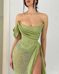 One Shoulder Sequins Satin Mermaid Long Prom Dress with Split