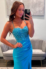 Sweetheart Long Mermaid Lace Satin Backless Prom Dress with Slit