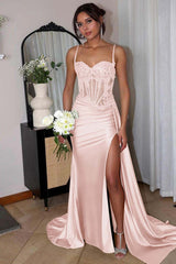 Long Mermaid Sweetheart Spaghetti Strap Satin Lace Prom Dress with Split