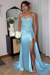 Long Mermaid Sweetheart Spaghetti Strap Satin Lace Prom Dress with Split