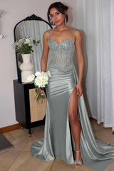 Long Mermaid Sweetheart Spaghetti Strap Satin Lace Prom Dress with Split