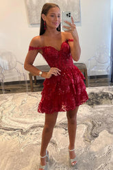 Sparkly Burgundy Off the Shoulder Tiered A-Line Short Sequin Homecoming Dress