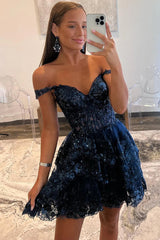 Sparkly Burgundy Off the Shoulder Tiered A-Line Short Sequin Homecoming Dress