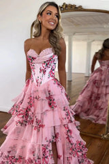 Pink Floral Strapless Silk Chiffon Corest Long A-line Prom Dress with Slit