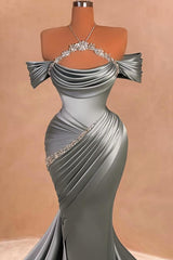 Long Halter Off The Shoulder Mermaid Satin Beaded Prom Dress with Train